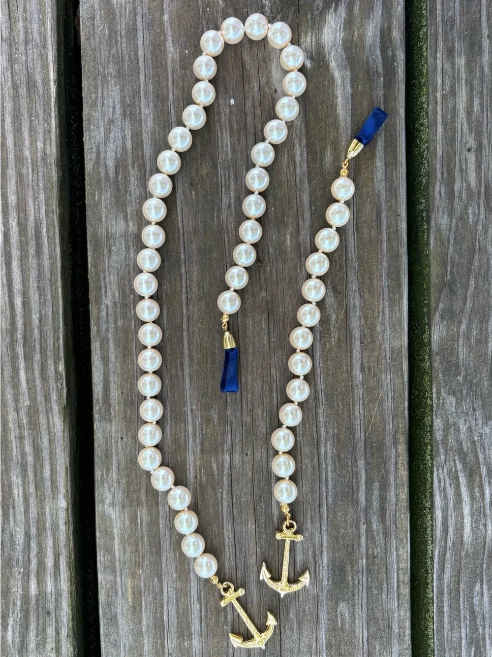 Kiel James Patrick Pearl Bead Necklace with Gold Anchor Charm and Navy Accent